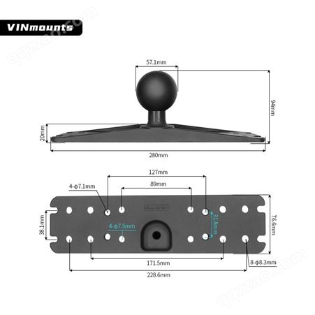 VINmounts®大型船载电子设备底座-2.25”工业球头底座“D”尺寸